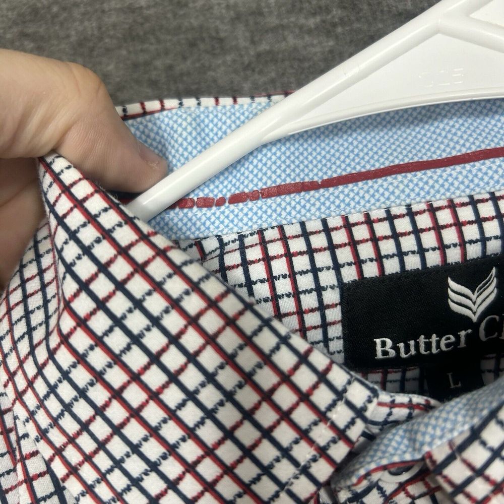 Butter Cloth Shirt Mens Large White Blue red Checked Button Up‎ Geometric Preppy - Picture 12 of 14